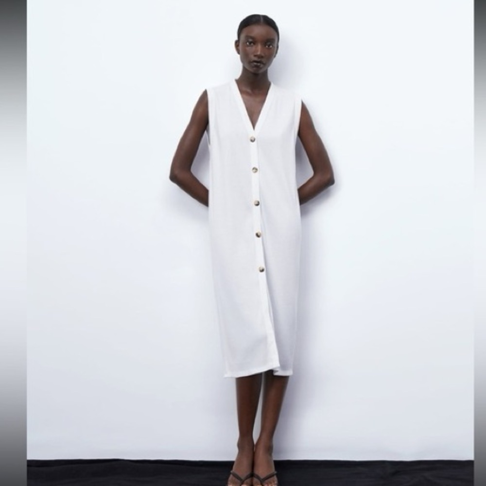 Zara Cream Ribbed Vest Button Front Midi Tank Dress